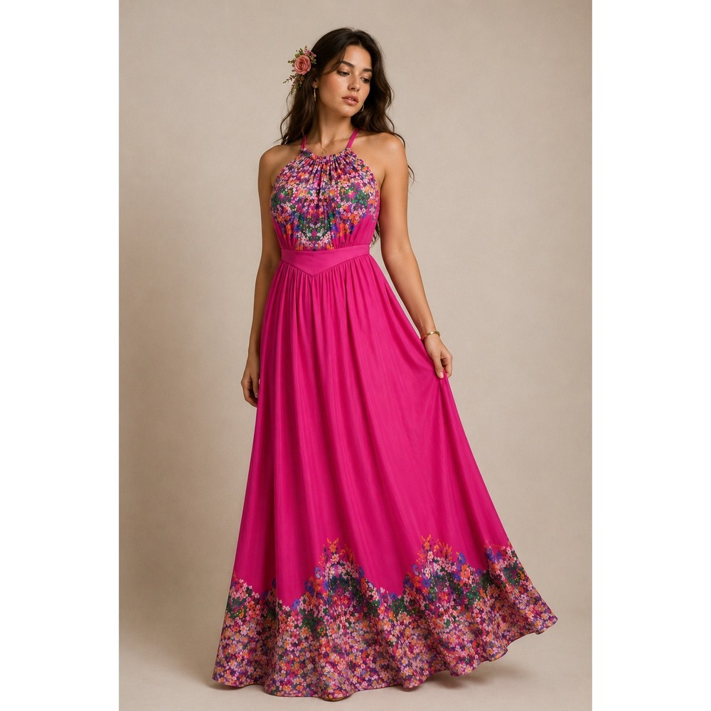 Princess Raspanti Italy Vintage 70s Floral Halter Maxi Dress Pink Size 8